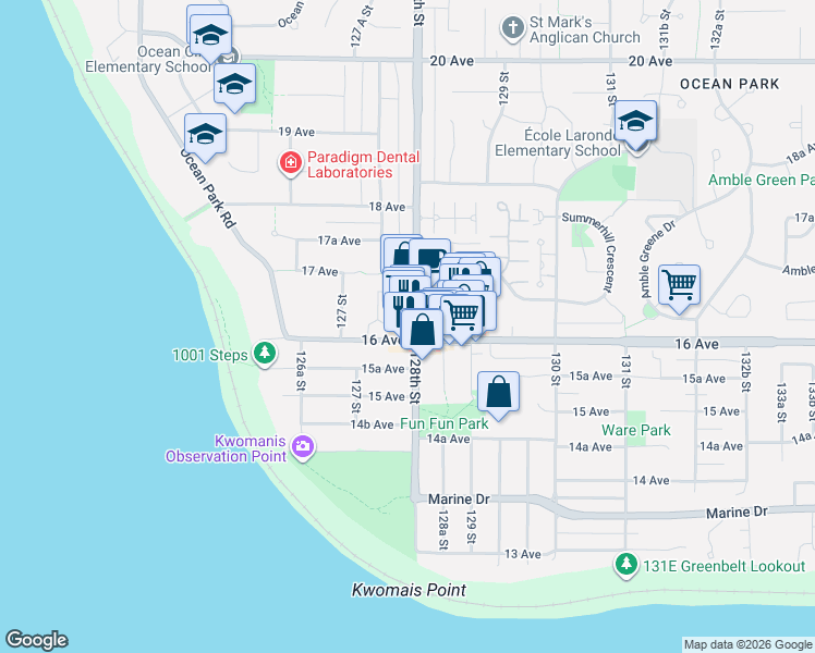 map of restaurants, bars, coffee shops, grocery stores, and more near 1627 128th Street in Surrey
