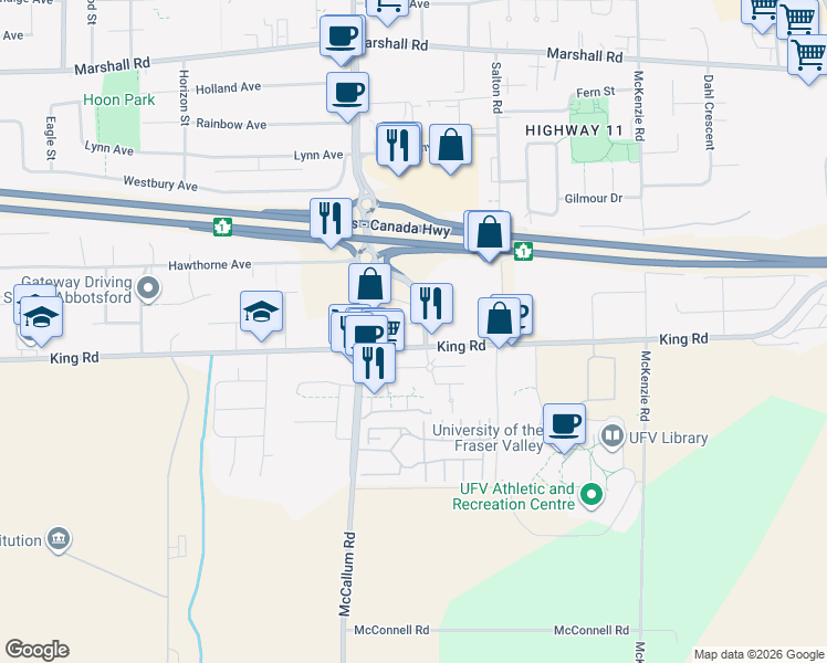 map of restaurants, bars, coffee shops, grocery stores, and more near 33677 King Road in Abbotsford