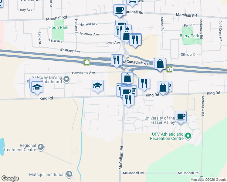 map of restaurants, bars, coffee shops, grocery stores, and more near 33535 King Road in Abbotsford