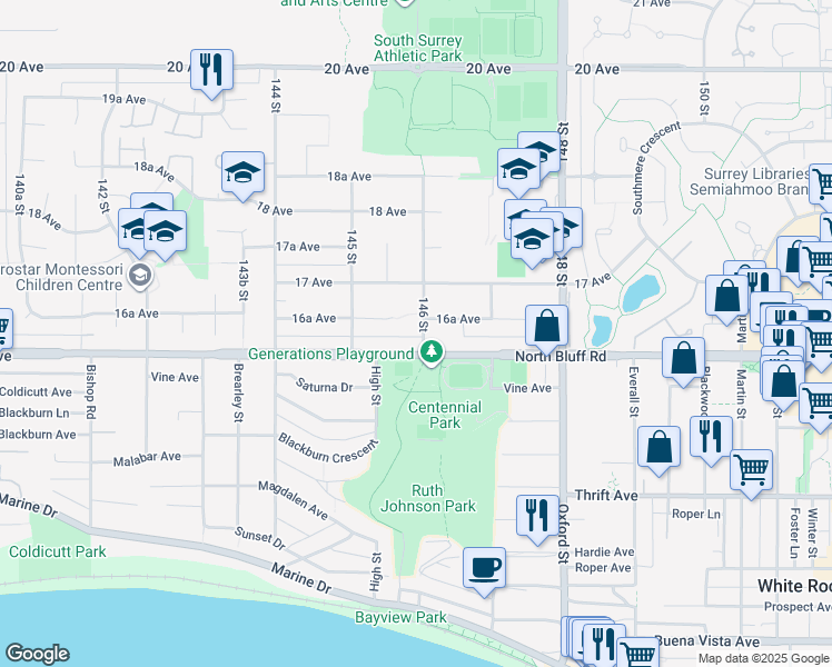map of restaurants, bars, coffee shops, grocery stores, and more near in Surrey