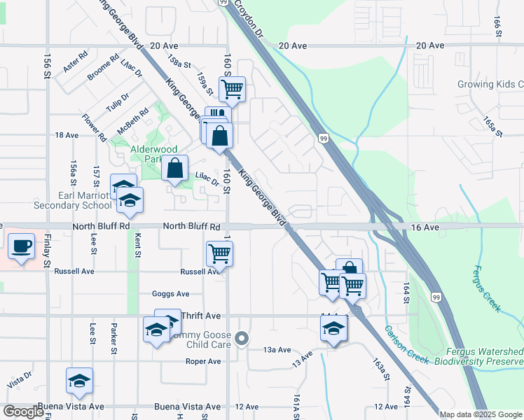 map of restaurants, bars, coffee shops, grocery stores, and more near 1651 King George Boulevard in Surrey