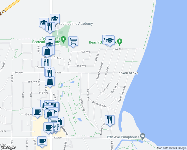 map of restaurants, bars, coffee shops, grocery stores, and more near 5862 16 Avenue in Delta