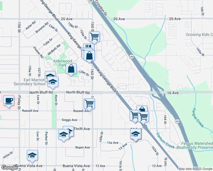 map of restaurants, bars, coffee shops, grocery stores, and more near 1651 King George Boulevard in Surrey