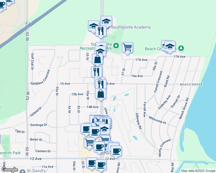 map of restaurants, bars, coffee shops, grocery stores, and more near 5632 16 Avenue in Delta
