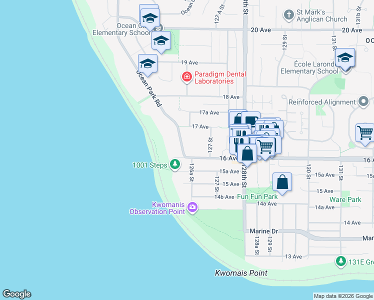 map of restaurants, bars, coffee shops, grocery stores, and more near 1630 Ocean Park Road in Surrey