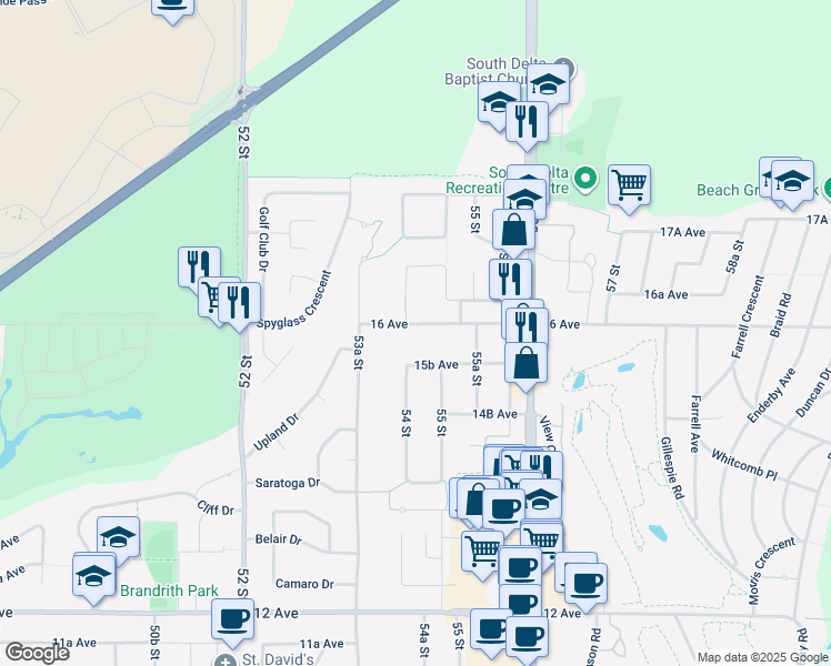 map of restaurants, bars, coffee shops, grocery stores, and more near 5440 16 Avenue in Delta
