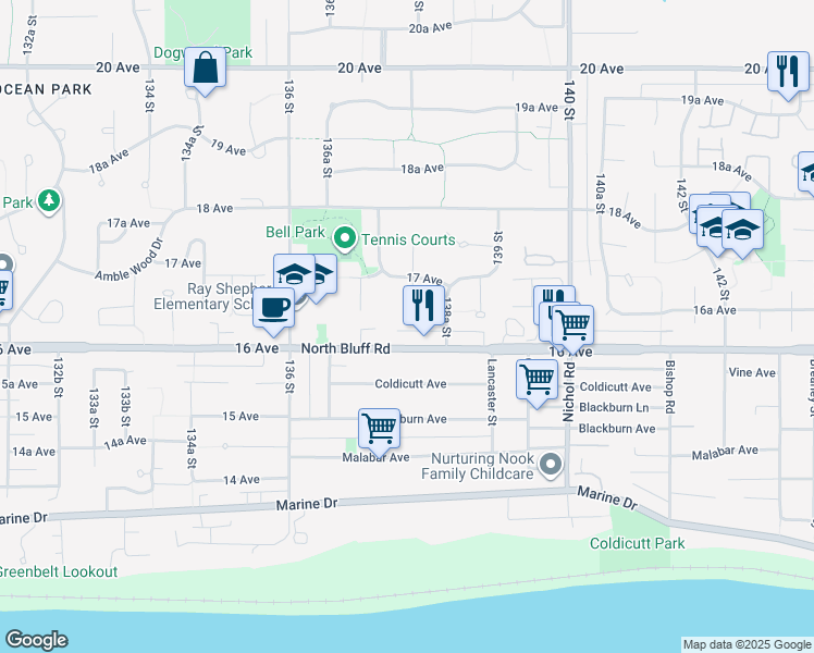 map of restaurants, bars, coffee shops, grocery stores, and more near 1655 138 Street in Surrey