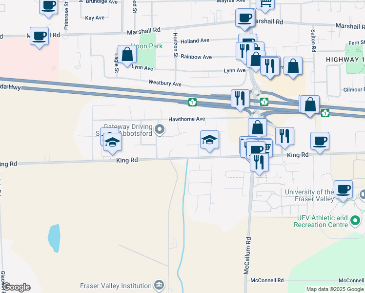 map of restaurants, bars, coffee shops, grocery stores, and more near 33382 Franklin Avenue in Abbotsford