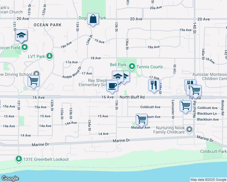 map of restaurants, bars, coffee shops, grocery stores, and more near 1635 136 Street in Surrey