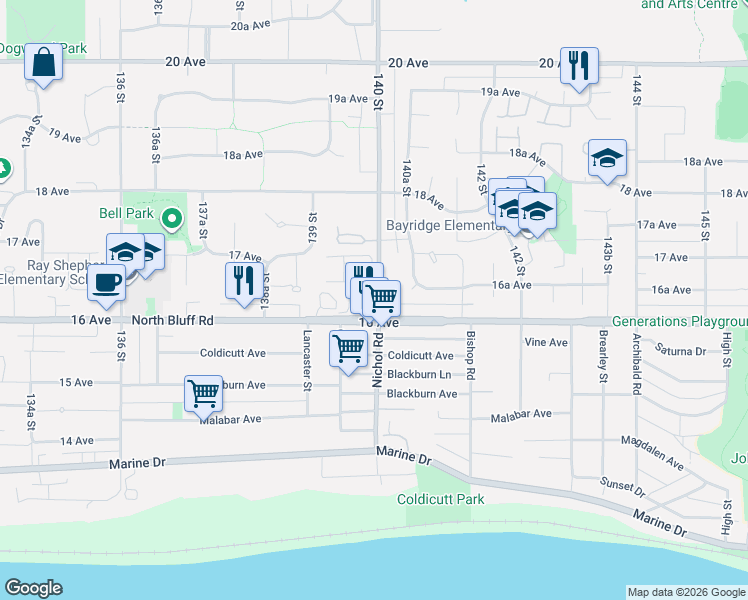 map of restaurants, bars, coffee shops, grocery stores, and more near 1645 140 St in Surrey