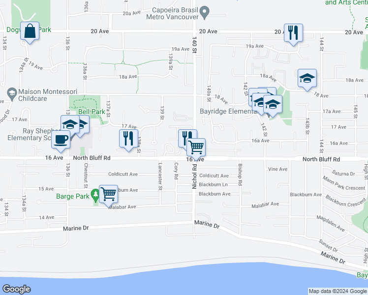 map of restaurants, bars, coffee shops, grocery stores, and more near 13965 16 Avenue in Surrey