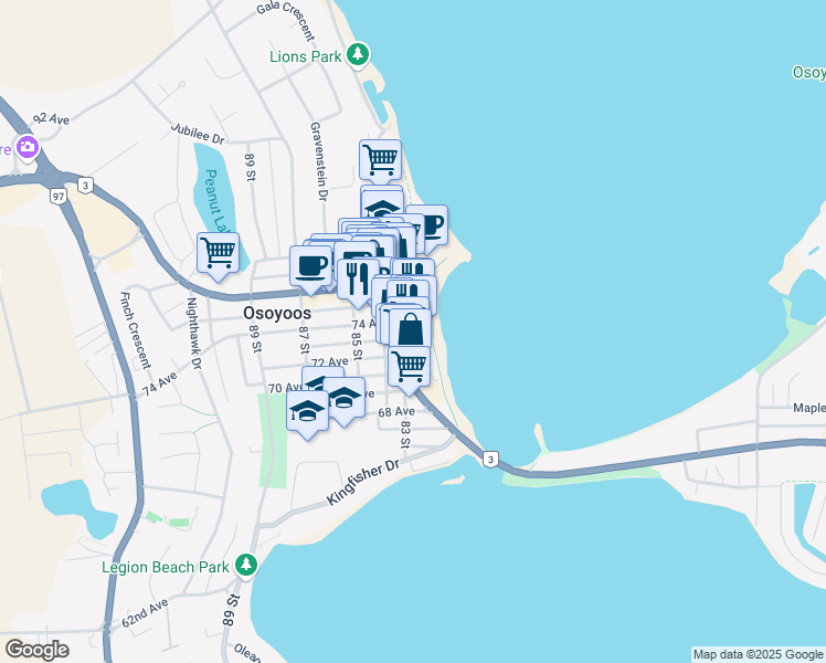 map of restaurants, bars, coffee shops, grocery stores, and more near 15 Park Place in Osoyoos