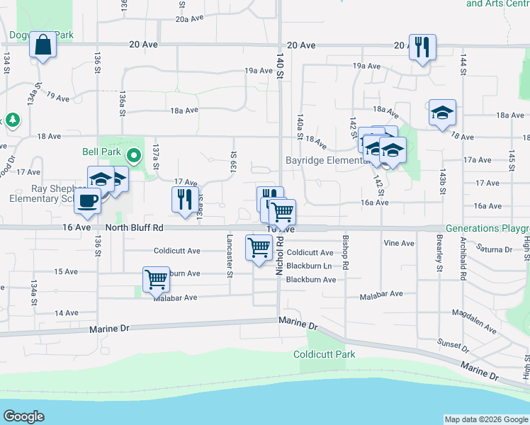 map of restaurants, bars, coffee shops, grocery stores, and more near 13965 16 Avenue in Surrey