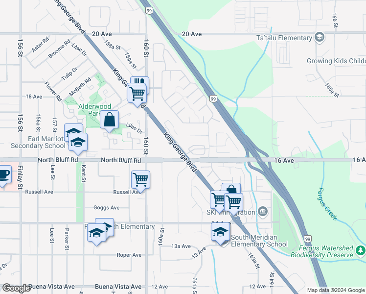map of restaurants, bars, coffee shops, grocery stores, and more near 1630 King George Boulevard in Surrey