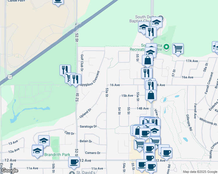 map of restaurants, bars, coffee shops, grocery stores, and more near 1590 53A Street in Delta