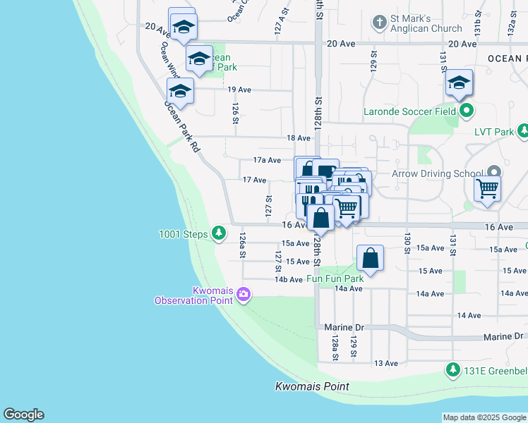 map of restaurants, bars, coffee shops, grocery stores, and more near 1627 127 Street in Surrey