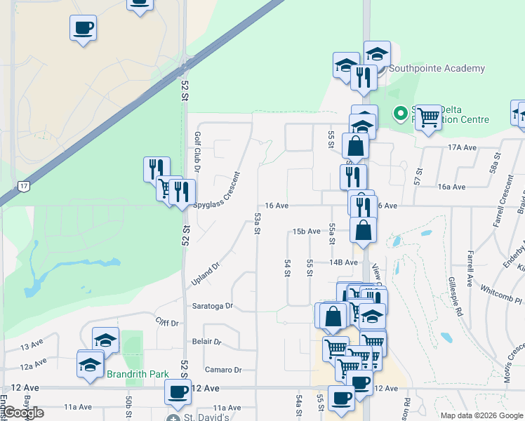 map of restaurants, bars, coffee shops, grocery stores, and more near 1590 53A Street in Delta