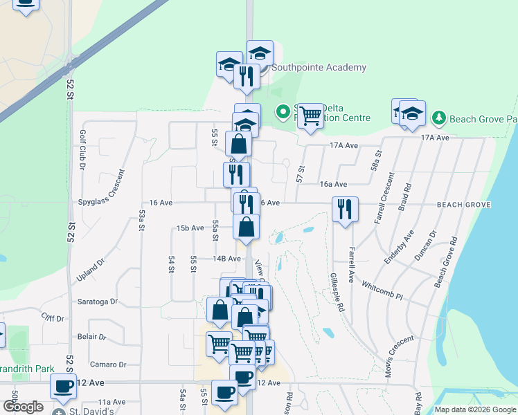 map of restaurants, bars, coffee shops, grocery stores, and more near 5622 16 Avenue in Delta