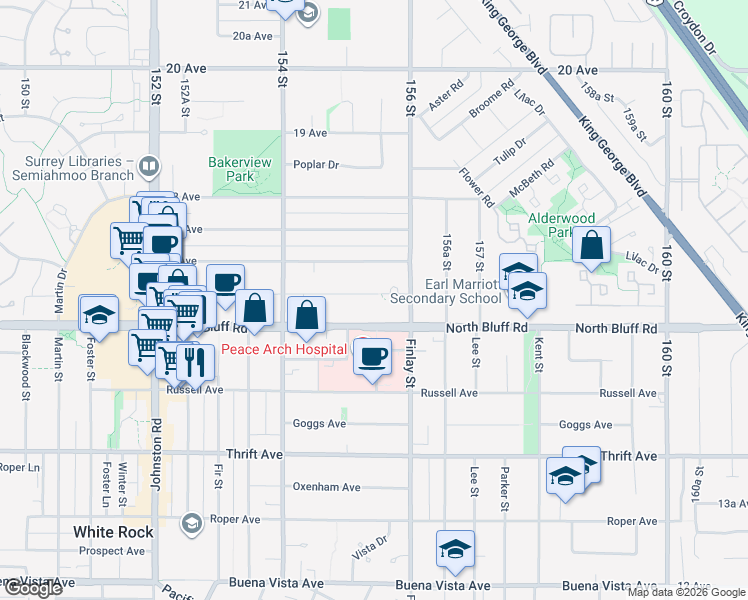 map of restaurants, bars, coffee shops, grocery stores, and more near 15558 16A Avenue in Surrey