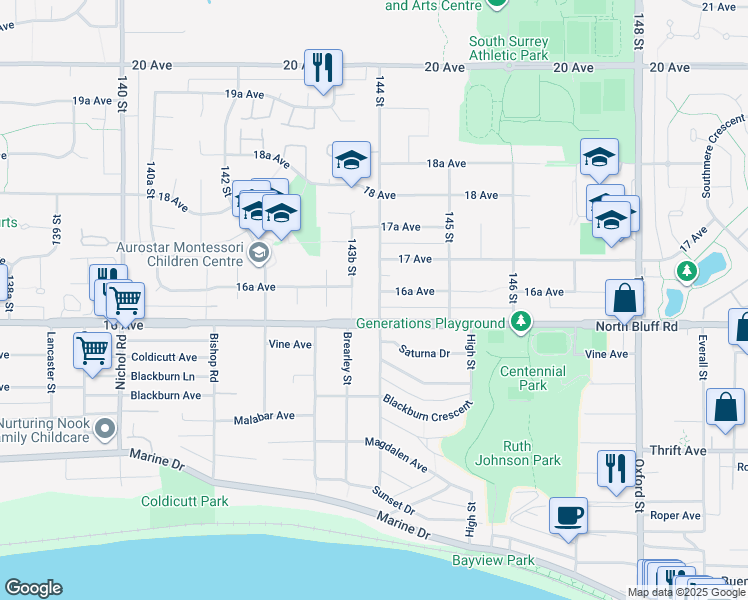map of restaurants, bars, coffee shops, grocery stores, and more near 1633 144 Street in Surrey