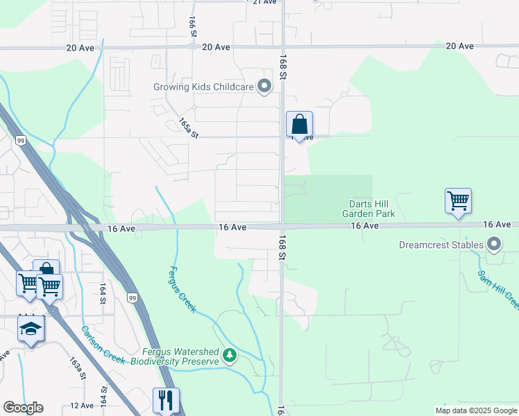 map of restaurants, bars, coffee shops, grocery stores, and more near 16764 16a Avenue in Surrey
