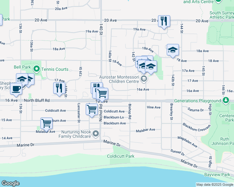 map of restaurants, bars, coffee shops, grocery stores, and more near 14074 16A Avenue in Surrey