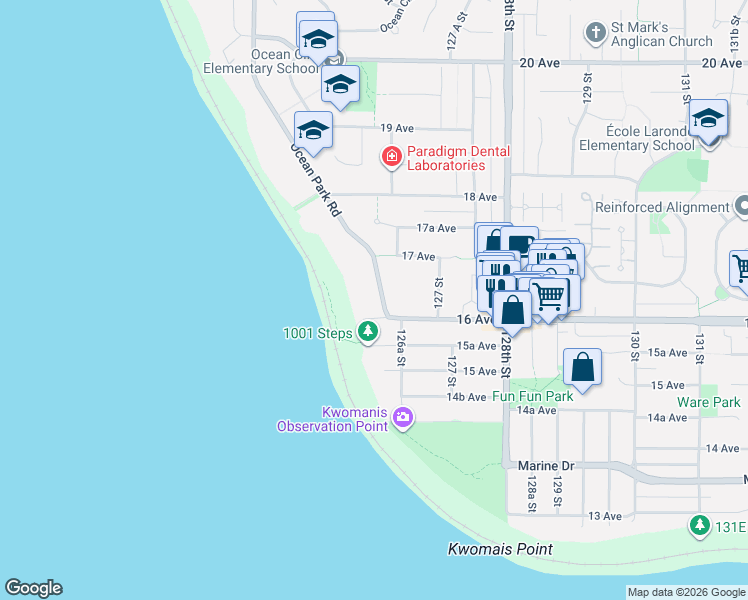 map of restaurants, bars, coffee shops, grocery stores, and more near 1646 Ocean Park Road in Surrey