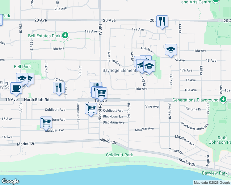 map of restaurants, bars, coffee shops, grocery stores, and more near 14074 16A Avenue in Surrey