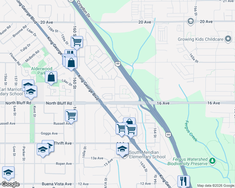 map of restaurants, bars, coffee shops, grocery stores, and more near in Surrey