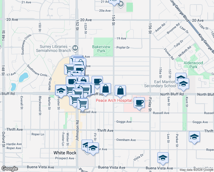 map of restaurants, bars, coffee shops, grocery stores, and more near in Surrey