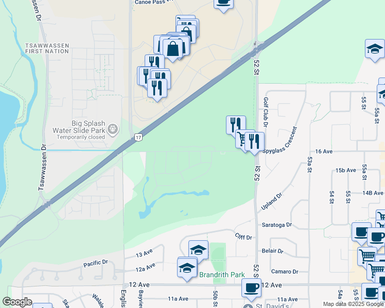 map of restaurants, bars, coffee shops, grocery stores, and more near 5036 Springs Boulevard in Delta