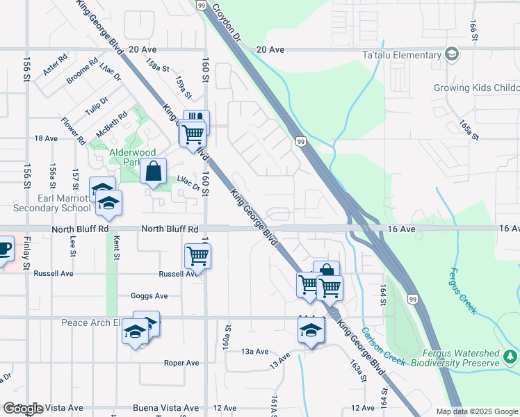 map of restaurants, bars, coffee shops, grocery stores, and more near 1630 King George Boulevard in Surrey