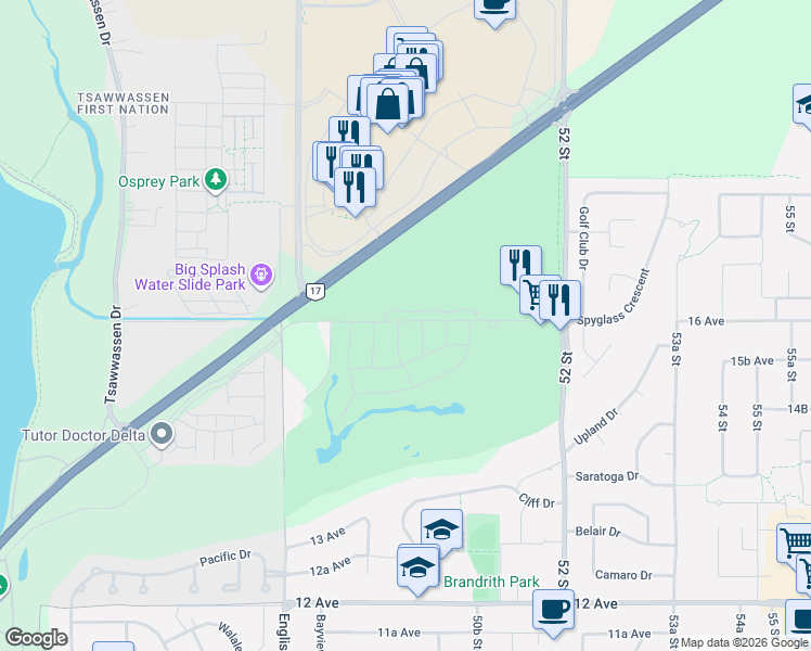 map of restaurants, bars, coffee shops, grocery stores, and more near 4998 Springs Boulevard in Delta