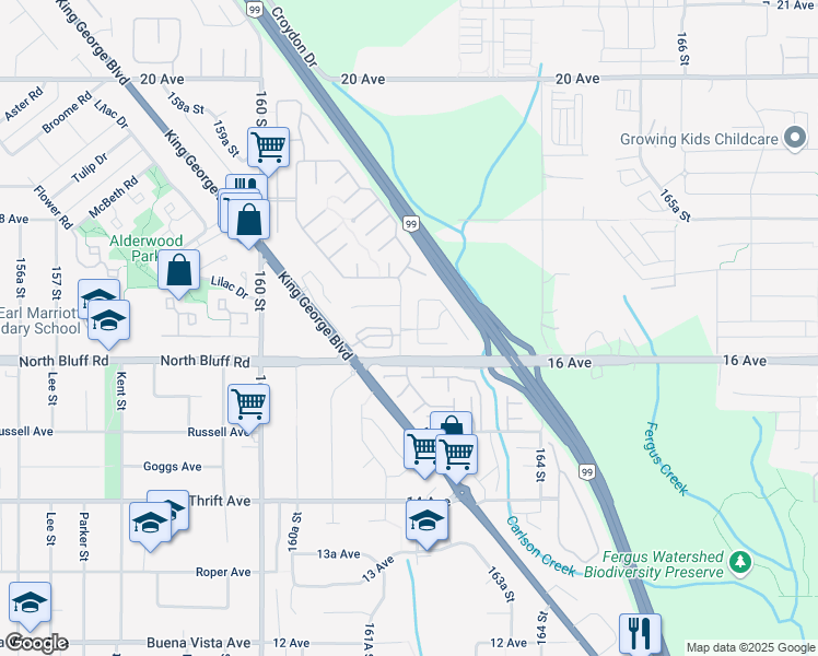 map of restaurants, bars, coffee shops, grocery stores, and more near in Surrey