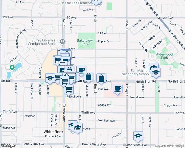 map of restaurants, bars, coffee shops, grocery stores, and more near in Surrey