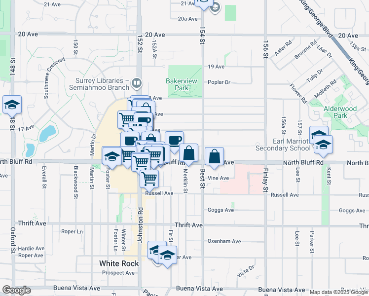 map of restaurants, bars, coffee shops, grocery stores, and more near in Surrey