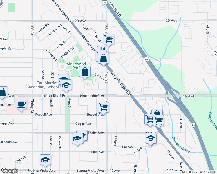 map of restaurants, bars, coffee shops, grocery stores, and more near 1670 160 Street in Surrey