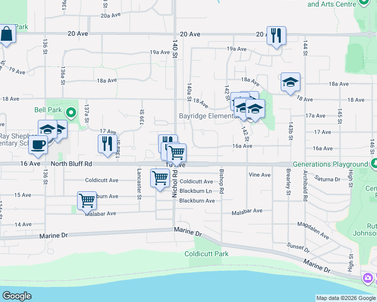 map of restaurants, bars, coffee shops, grocery stores, and more near 14035 16B Avenue in Surrey