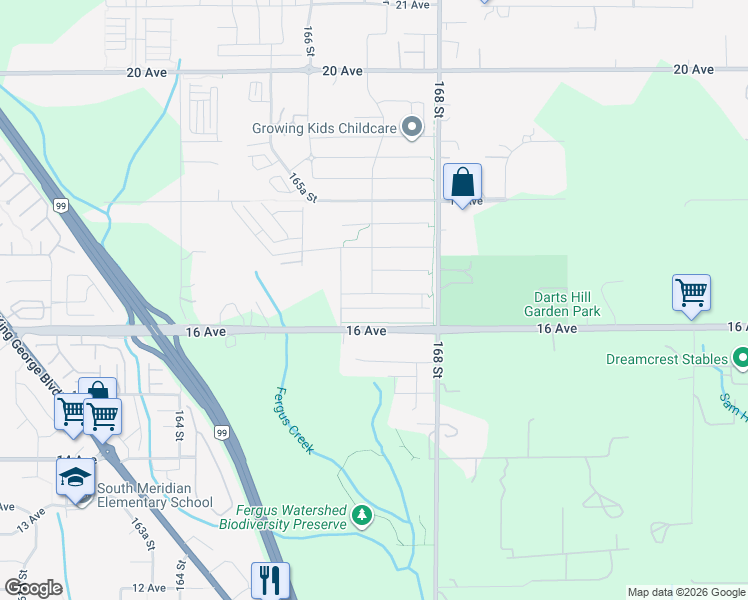 map of restaurants, bars, coffee shops, grocery stores, and more near 16702 16a Avenue in Surrey