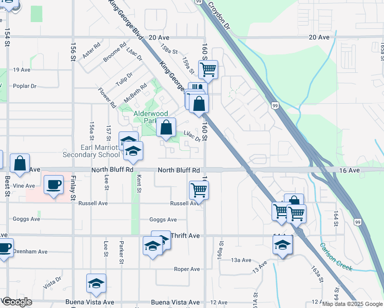 map of restaurants, bars, coffee shops, grocery stores, and more near 15971 Alder Place in Surrey