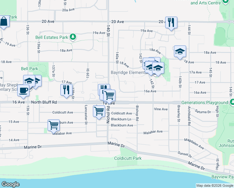 map of restaurants, bars, coffee shops, grocery stores, and more near 14035 16B Avenue in Surrey