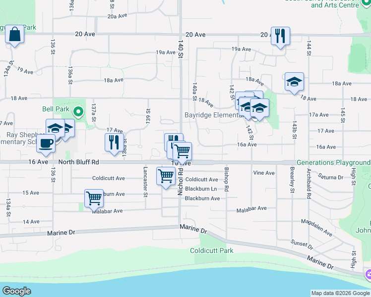 map of restaurants, bars, coffee shops, grocery stores, and more near in Surrey