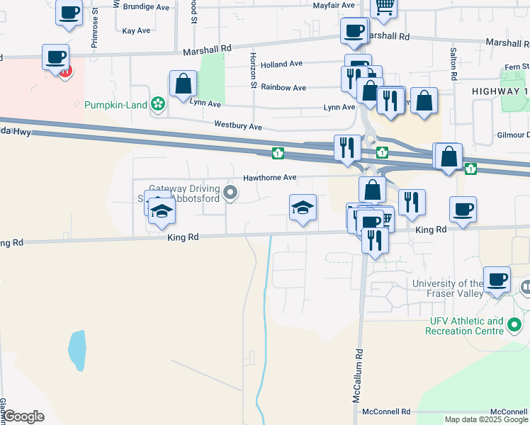 map of restaurants, bars, coffee shops, grocery stores, and more near 33387 Franklin Avenue in Abbotsford