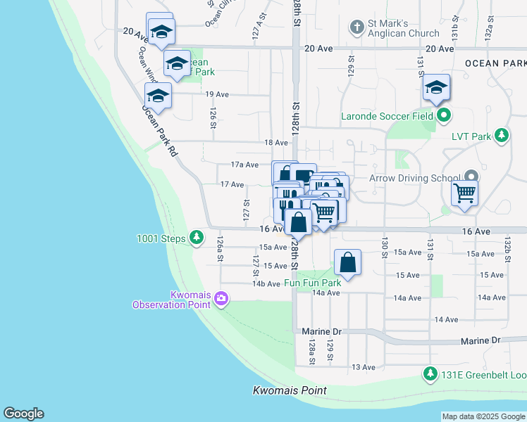 map of restaurants, bars, coffee shops, grocery stores, and more near 12743 16 Avenue in Surrey