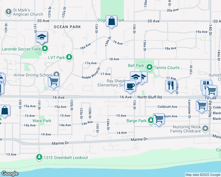 map of restaurants, bars, coffee shops, grocery stores, and more near 13718 16A Avenue in Surrey