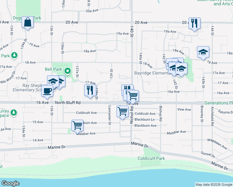 map of restaurants, bars, coffee shops, grocery stores, and more near 13911 16 Avenue in Surrey