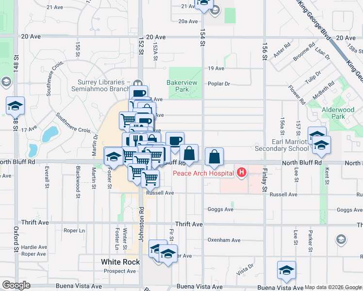 map of restaurants, bars, coffee shops, grocery stores, and more near 15368 16A Avenue in Surrey