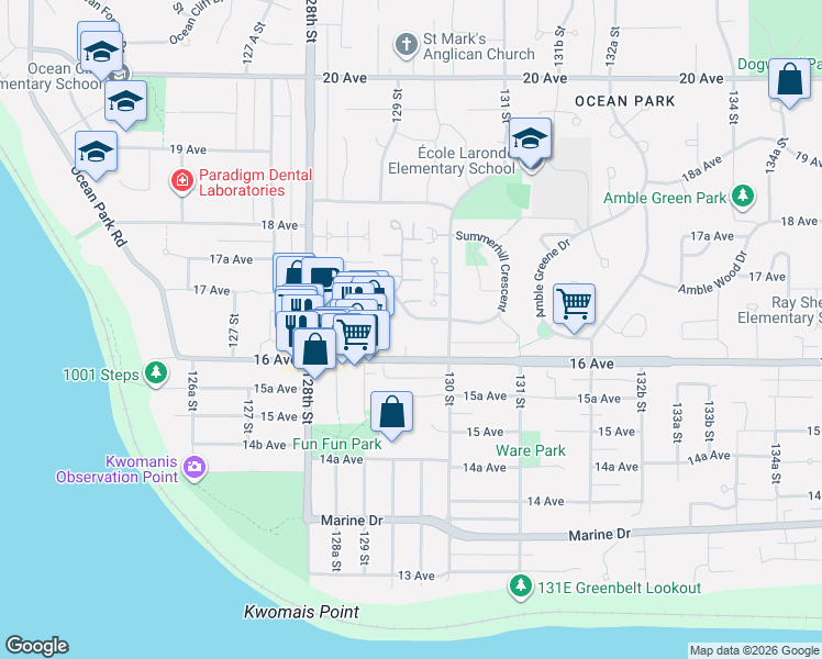 map of restaurants, bars, coffee shops, grocery stores, and more near 12940 17 Avenue in Surrey