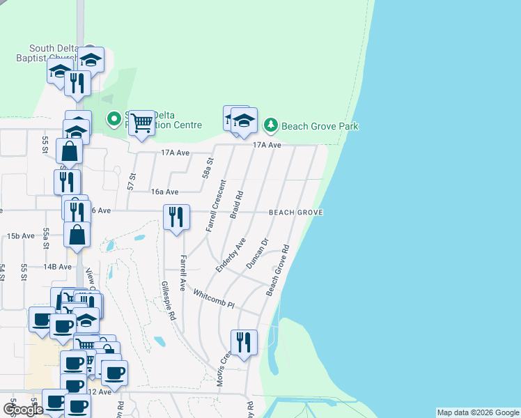 map of restaurants, bars, coffee shops, grocery stores, and more near 6009 16 Avenue in Delta