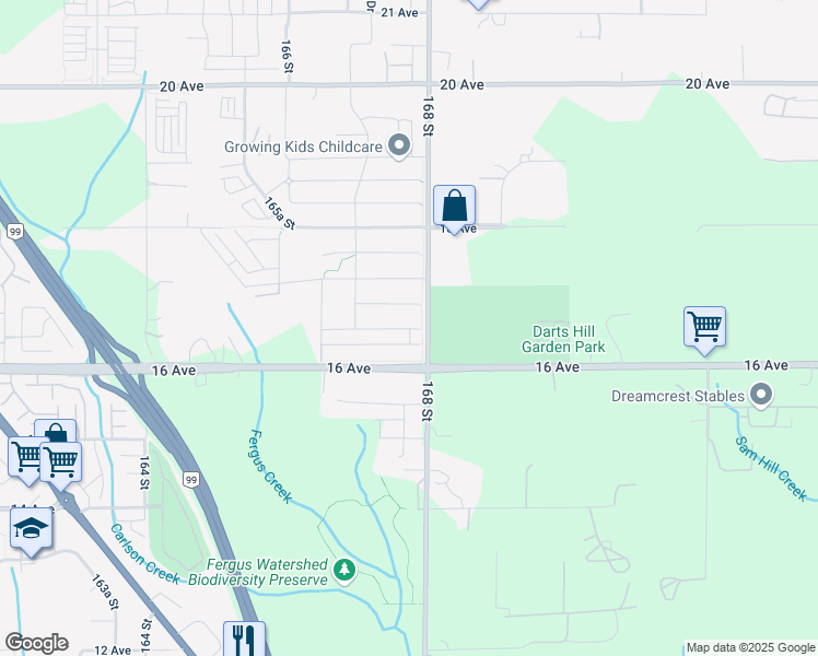 map of restaurants, bars, coffee shops, grocery stores, and more near 16790 16a Ave in Surrey